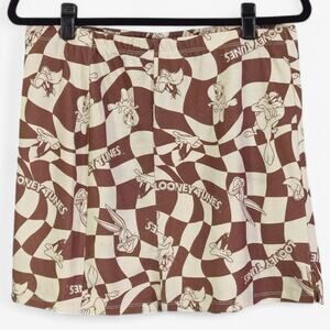 Looney Tunes Mini Skirt Brown Checkerboard Graphic L Cartoon Kidcore